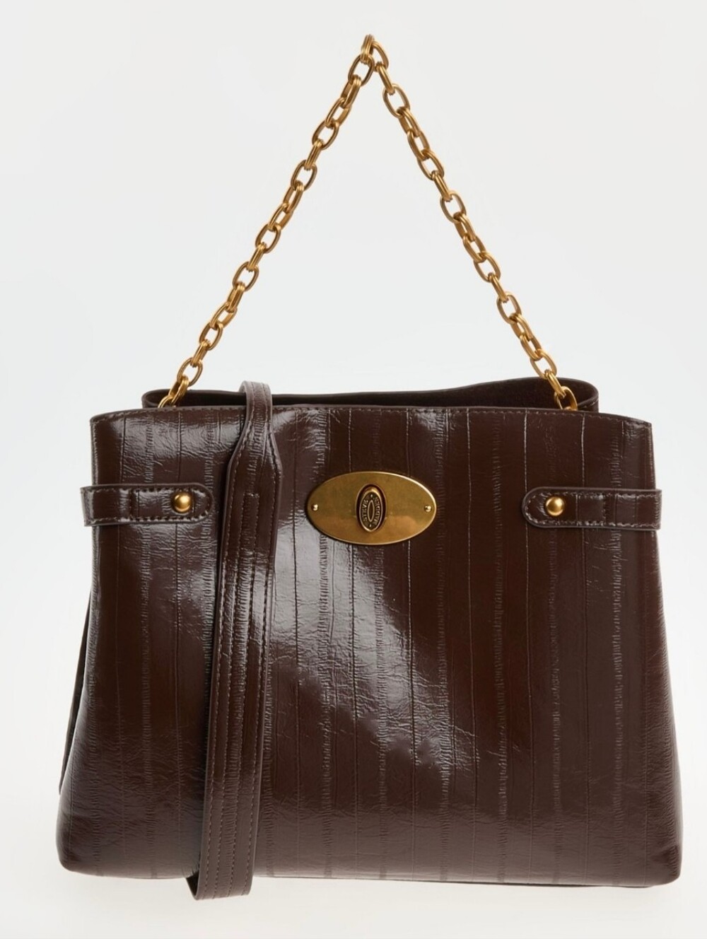 Steve Madden Dark Brown Patent Shoulder Bag with Gold Chain